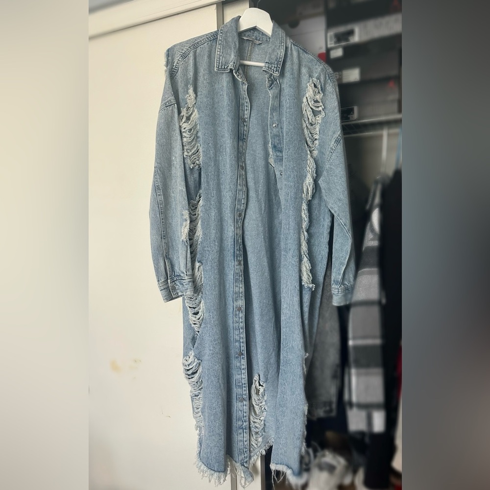 Denim distressed long cardigan